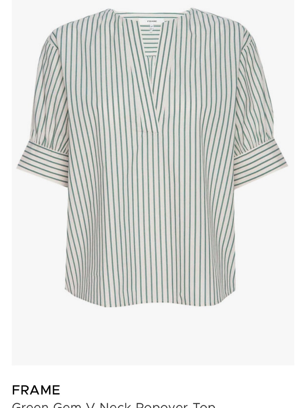 Frame Denim Cream and Green Striped V-Neck Popover Blouse XS